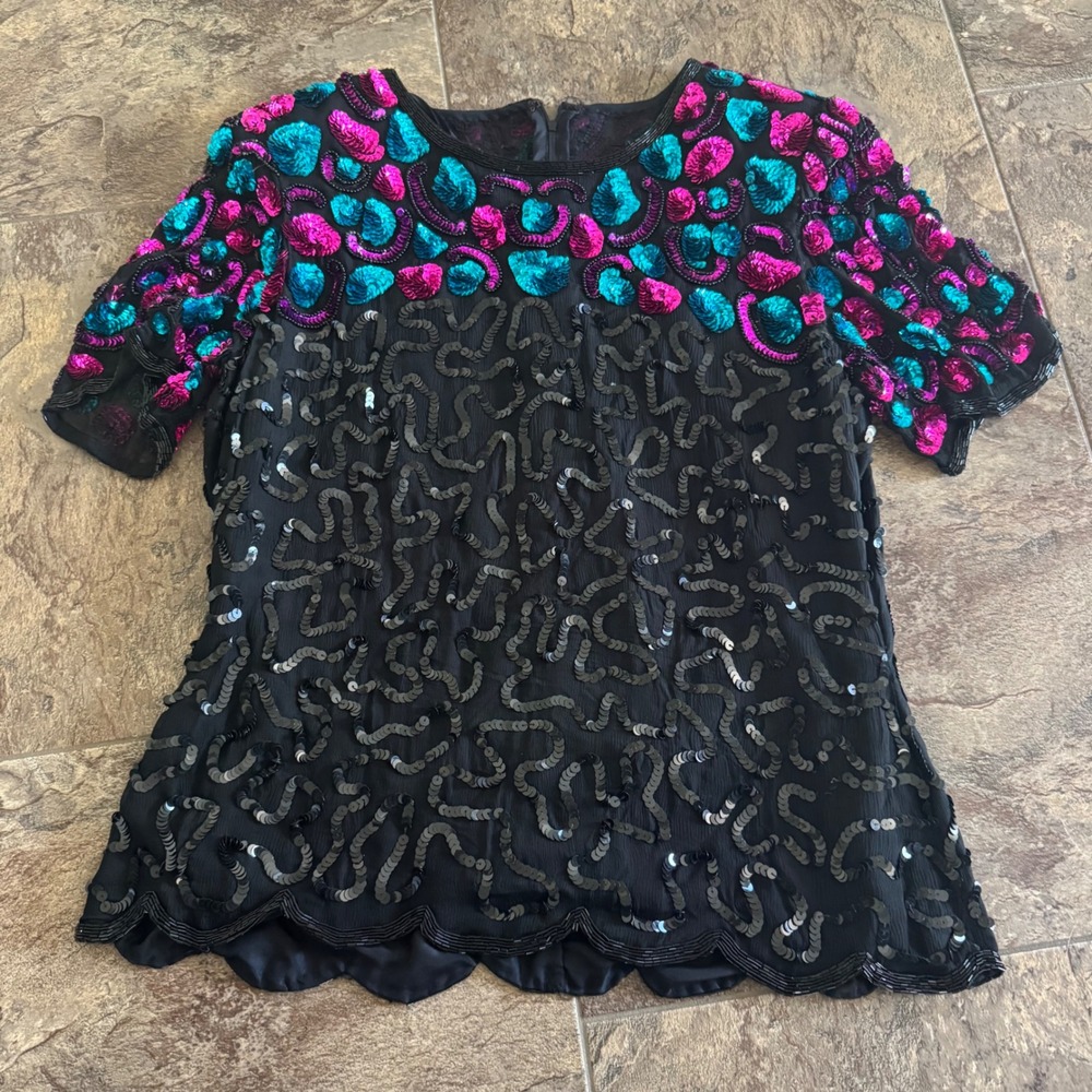 Vintage Stenay Silk Sequined‎ Beaded Top XL Short Sleeve VTG